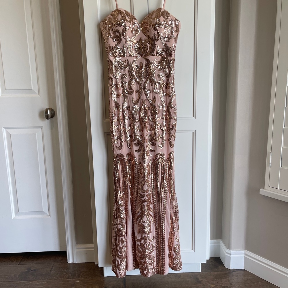 Lulu's Rose Gold Mermaid Strapless Gown